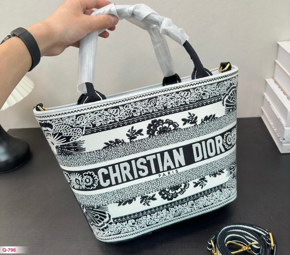 Black and White Floral Basket Bag