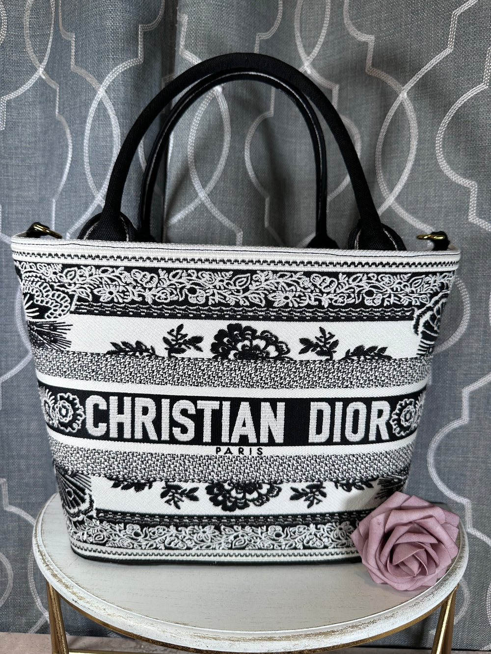 Black and White Floral Basket Bag