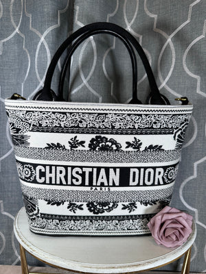 Black and White Floral Basket Bag