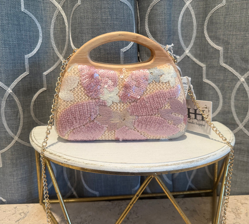 Fun Finds- Pink and White Sequins Wooden Handle Bag