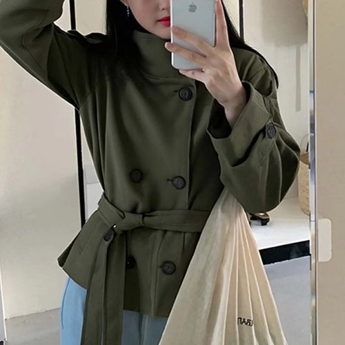 Women's Chic Stand Collar Double-breasted Belted Waist Cropped Trench
