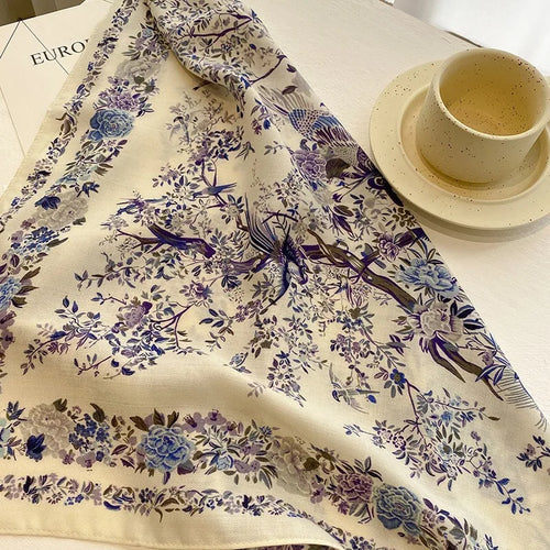 Women’s Floral Silk Scarf with Bird Print