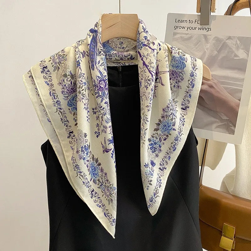 Women’s Floral Silk Scarf with Bird Print