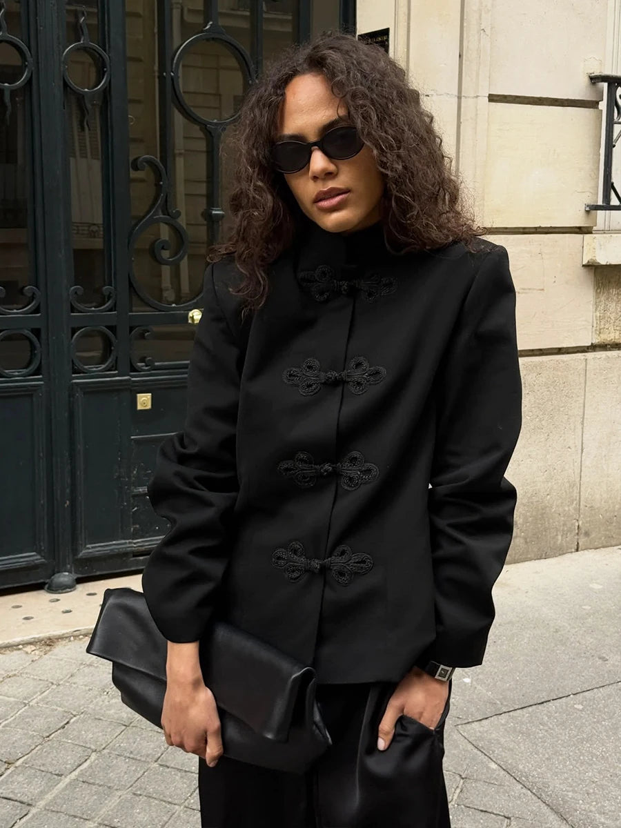 Women’s Chinese Style Button Front Black Blazer