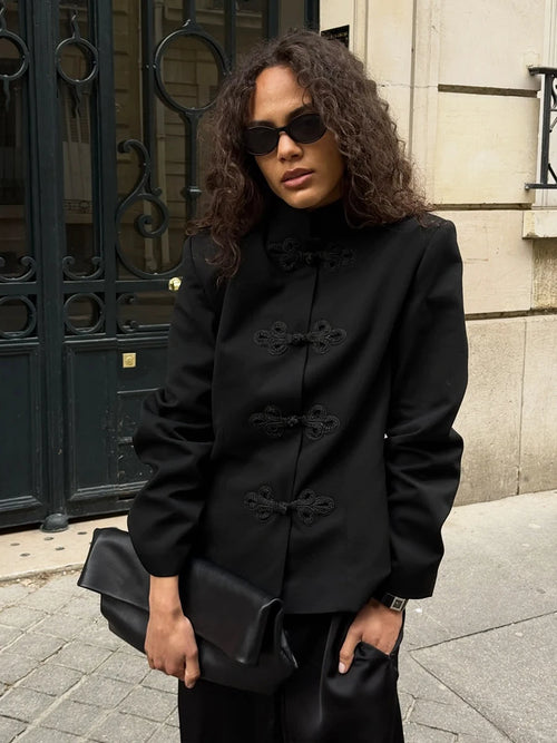 Women’s Chinese Style Button Front Black Blazer