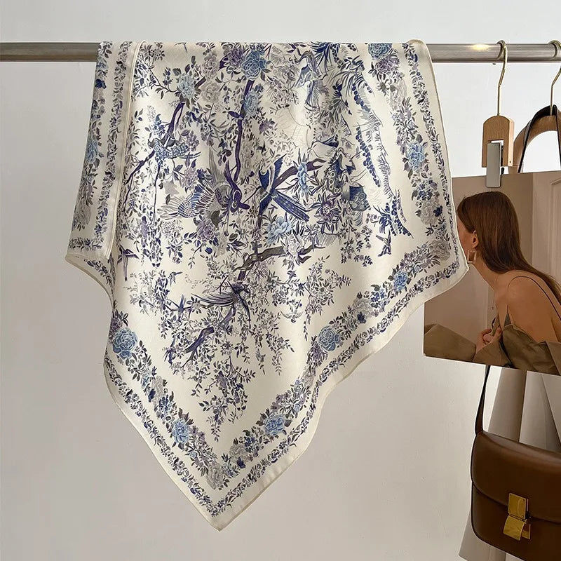 Women’s Floral Silk Scarf with Bird Print