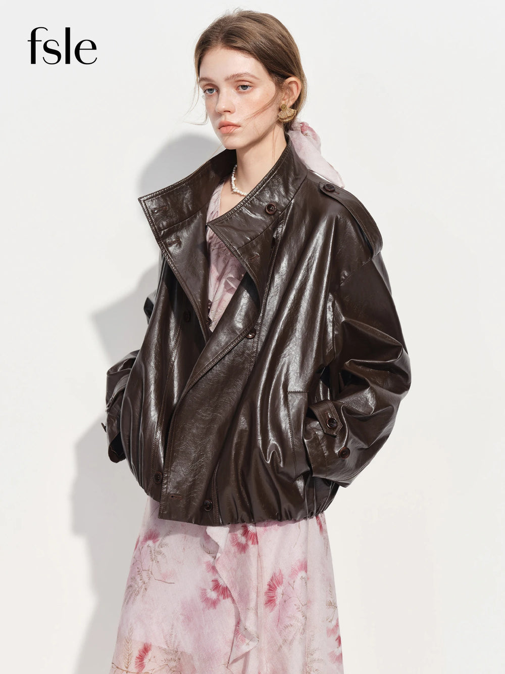 FSLE【Premium Series】Women's Oversize Short Trench Coat Brown Faux
