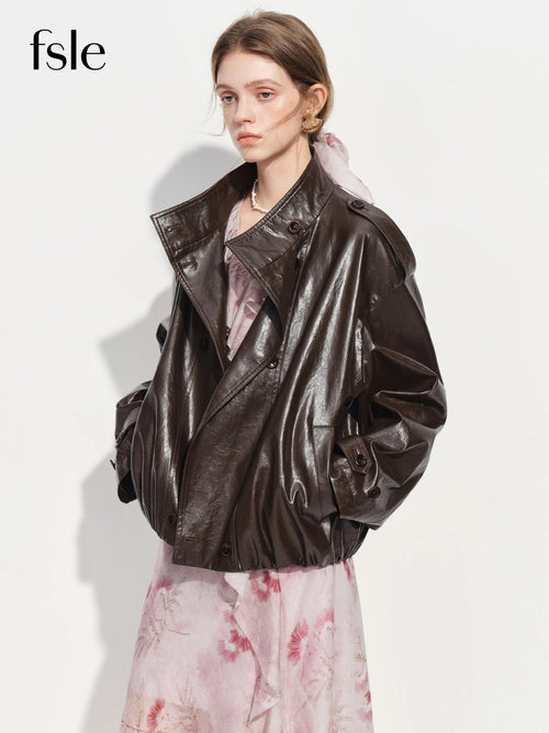 FSLE【Premium Series】Women's Oversize Short Trench Coat Brown Faux