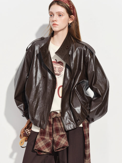 FSLE【Premium Series】Women's Oversize Short Trench Coat Brown Faux