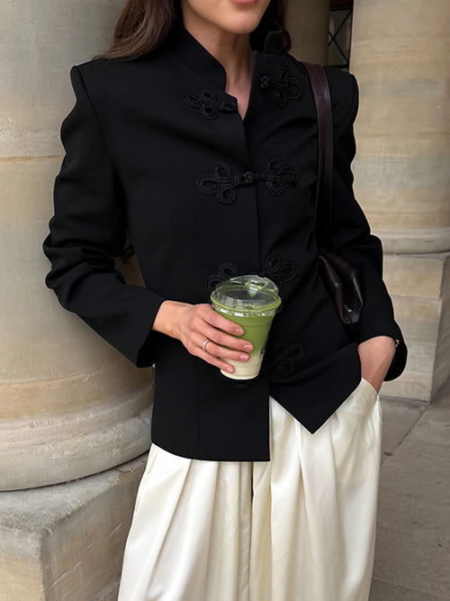 Women’s Chinese Style Button Front Black Blazer