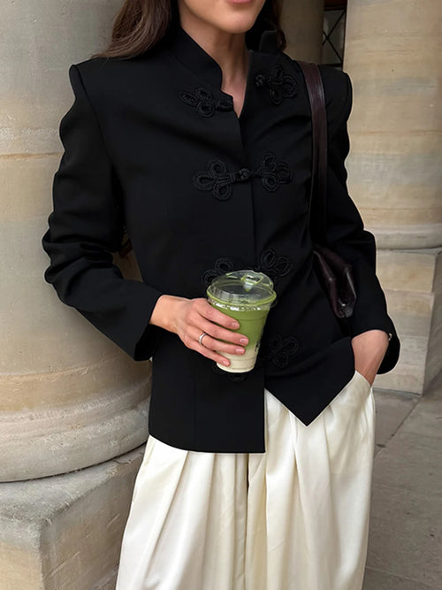 Women’s Chinese Style Button Front Black Blazer