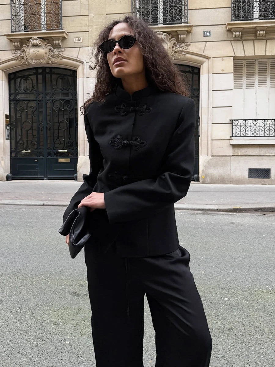 Women’s Chinese Style Button Front Black Blazer