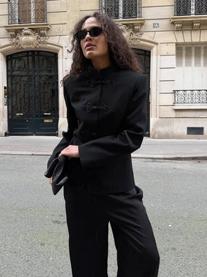 Women’s Chinese Style Button Front Black Blazer