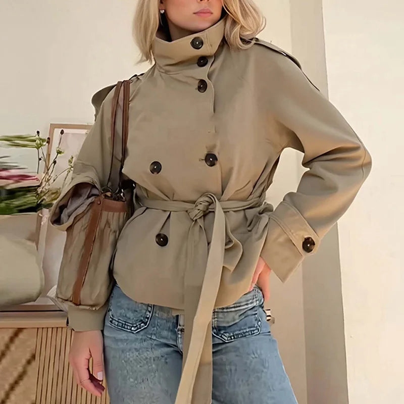 Women's Chic Stand Collar Double-breasted Belted Waist Cropped Trench